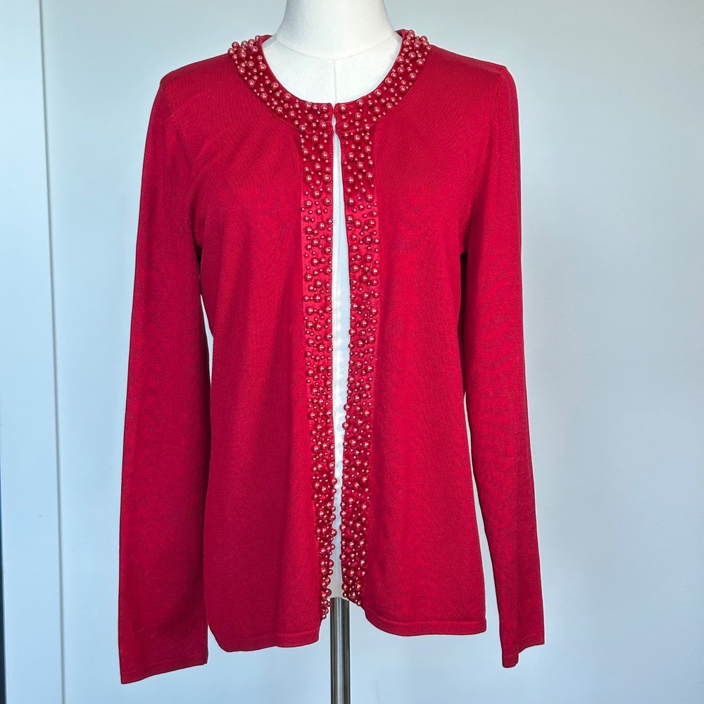 Adrianna Papell Silk Cardigan‎ Open Front Luxury Beaded Holiday Red Statement